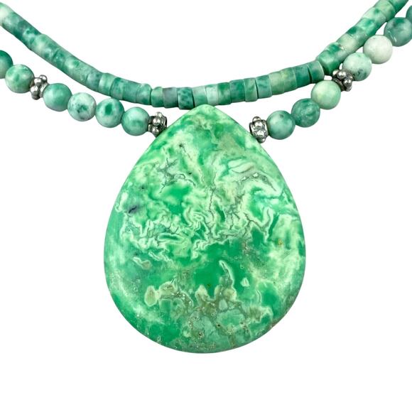 Two Strand Chrysoprase Beaded Necklace | Vintage Sterling Silver 925 | 16" - Picture 5 of 10